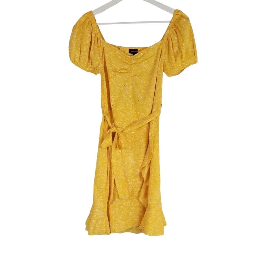 Yellow Puff Sleeve Sundress with Ruffle Detail Floral Print & Matching Belt